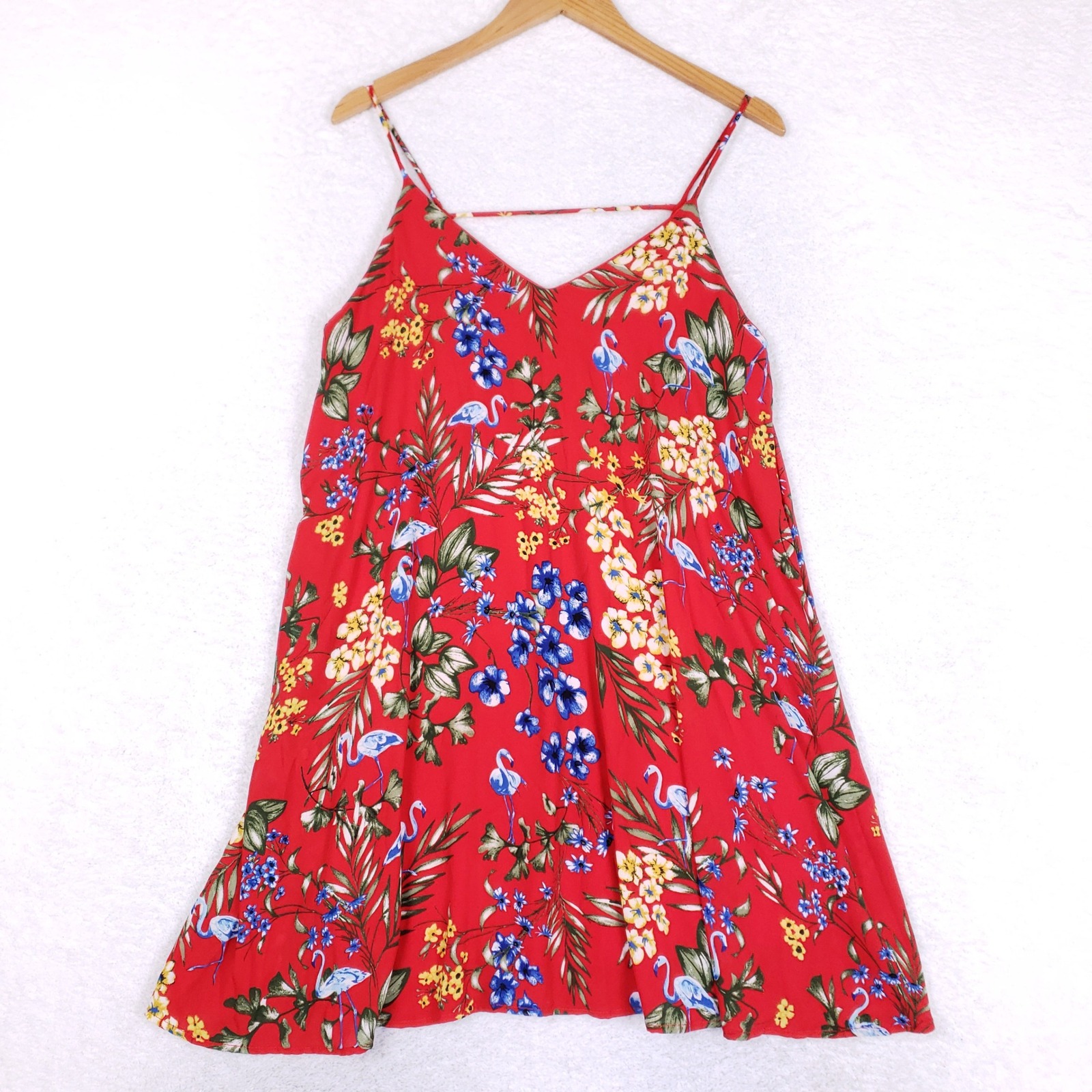La Towne Slip Dress Womens Medium Red Flamingo Tropical Floral Summer Sun Dress
